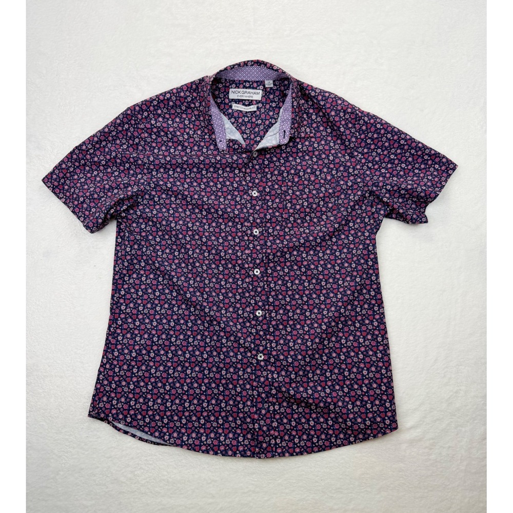Nick Graham Everywhere Mens L Navy Floral Short Sleeve Stretch Modern Fit Shirt
